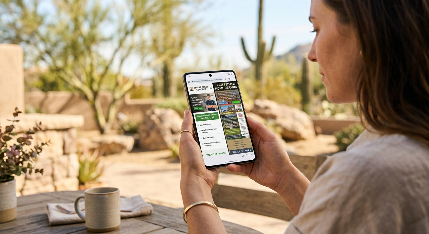 Photorealistic close-up of a prospective customer using a smartphone to compare two local service websites, one clean and ...