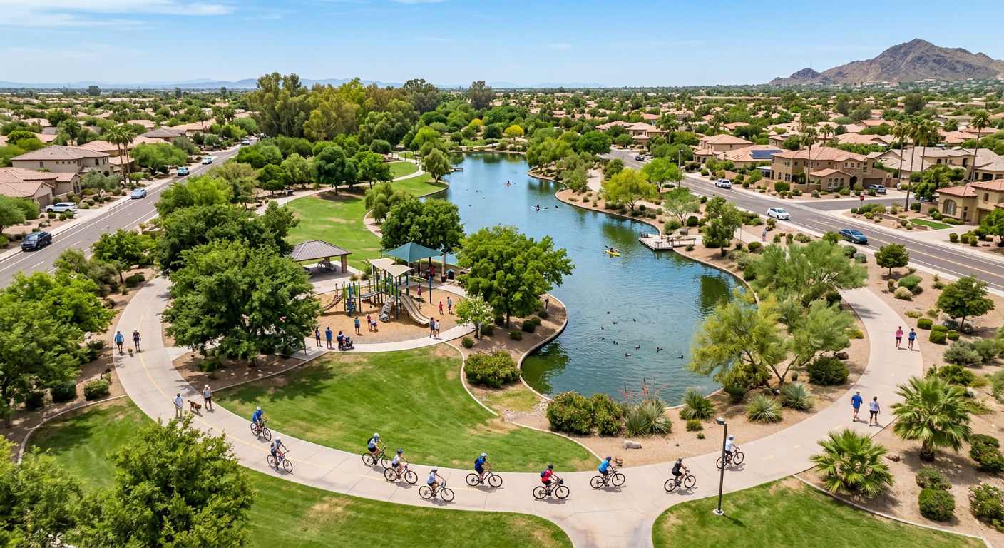 Photorealistic aerial view of the Indian Bend Wash Greenbelt near central Scottsdale, showing a winding multiuse path, spa...