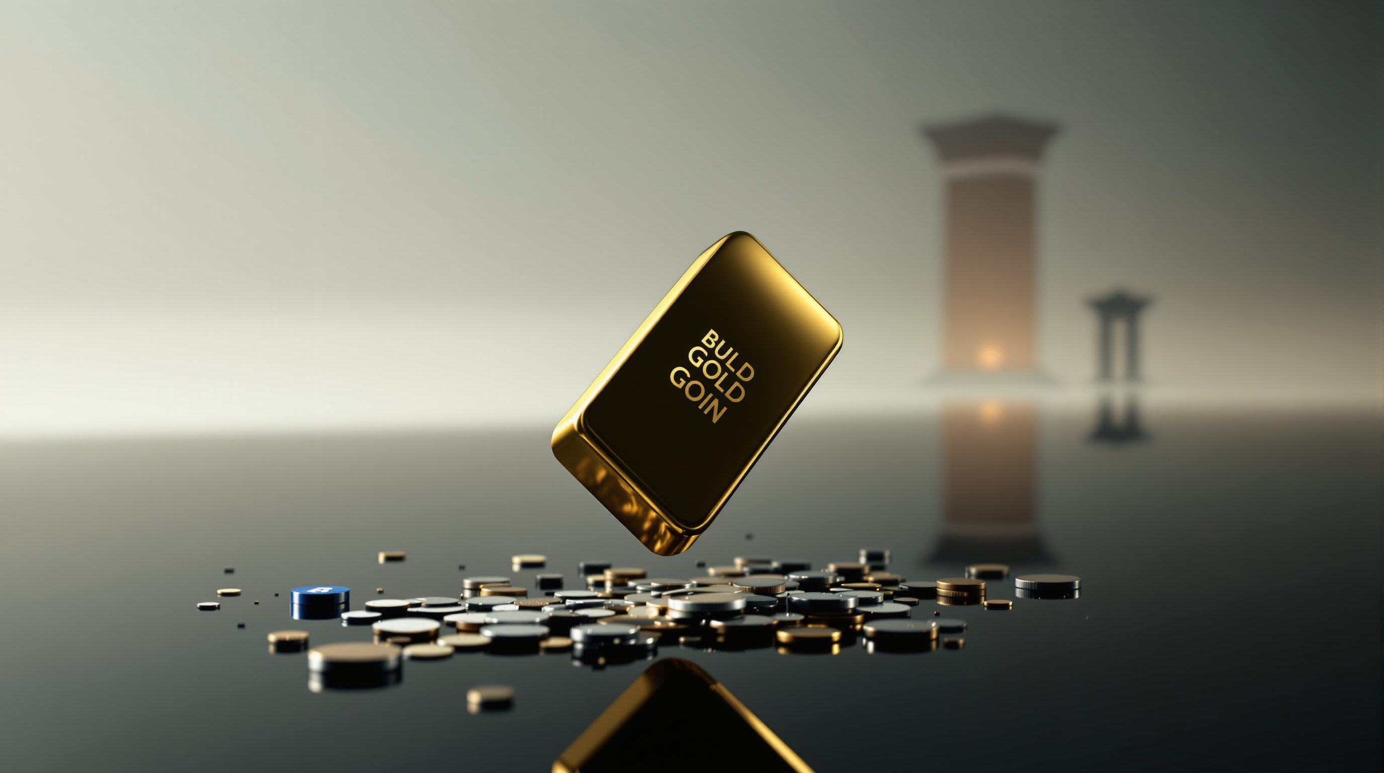 a tilted gold bullion bar mid-descent over a reflective black surface, scattering a low stack of mixed silver/copper coins, with a small silver-blue c — editorial cover artwork for the Knightron story on Metals Tumble, Equities Drift As Fed Hawkishness And Iran St