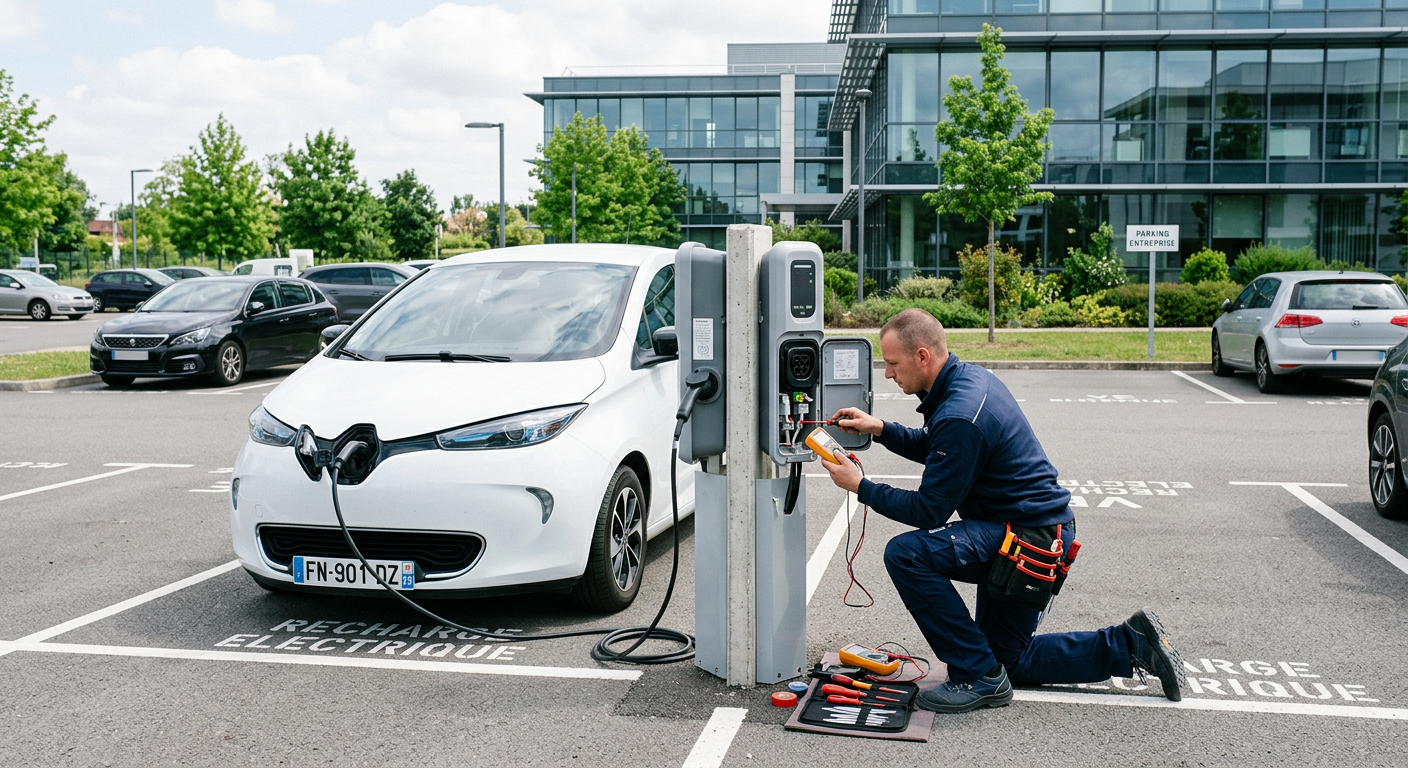 Borne de recharge électrique IRVE installée dans un parking d'entreprise avec un installateur vérifiant le raccordement électrique.