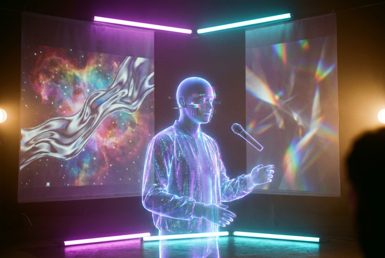 alt text: A digital double of a musician performing on a virtual concert stage surrounded by holographic visual effects
