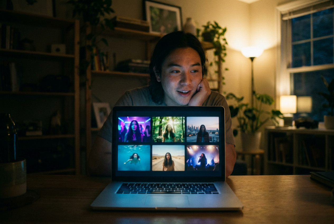 alt text: A musician reviewing multiple AI-generated versions of their music video on a laptop screen