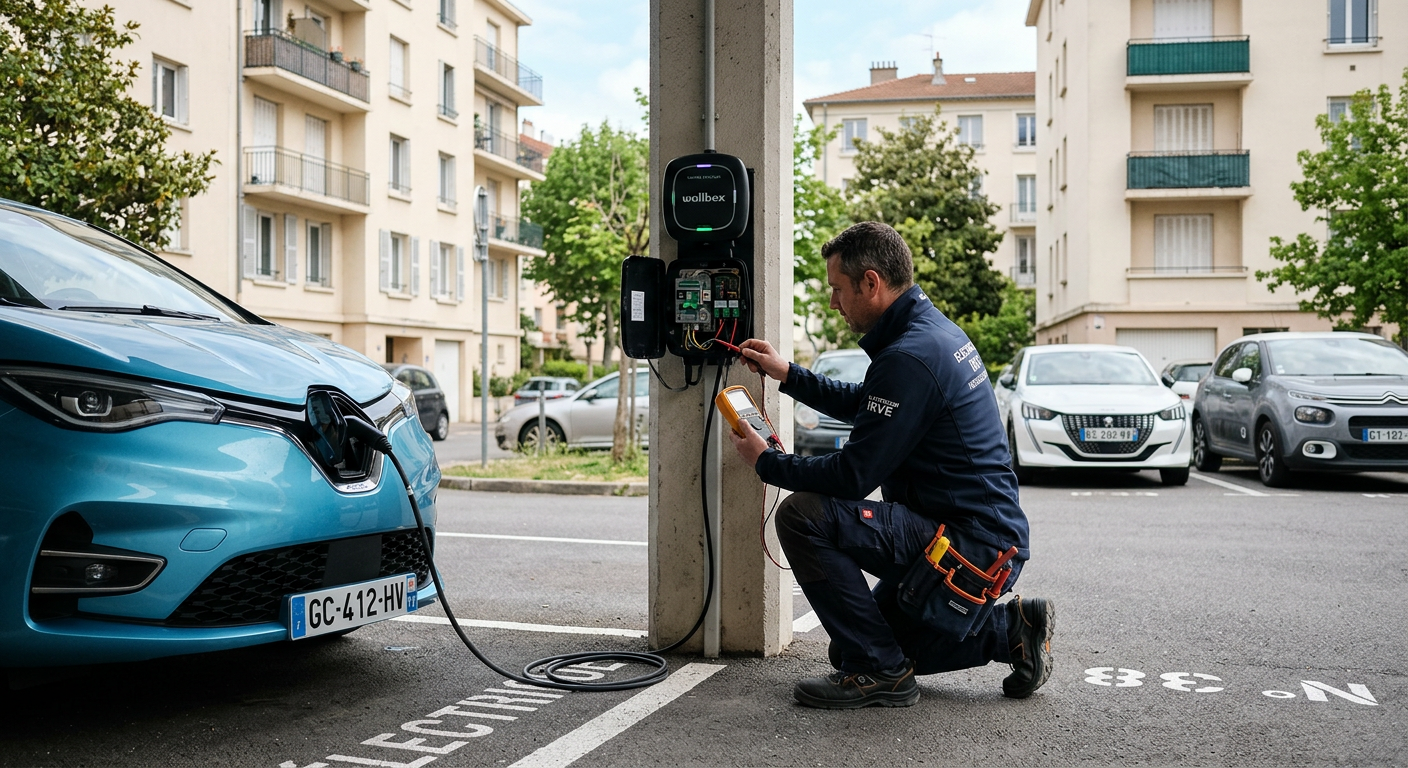 Borne de recharge électrique installée en copropriété avec électricien certifié IRVE vérifiant les branchements d'une voiture électrique.