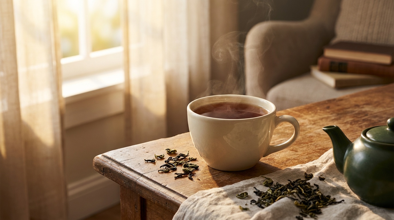 Une tasse de thé fumante sur une table en bois