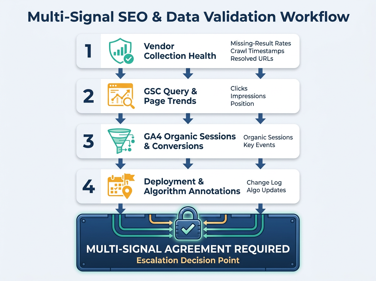 Four-step rank tracking data accuracy validation checklist infographic for SEOs