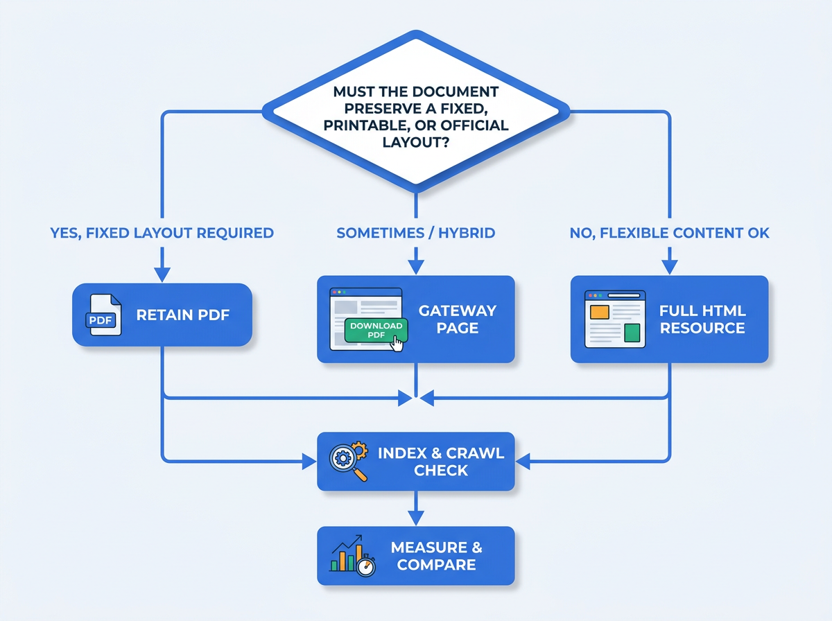 Decision flowchart for choosing HTML landing page or PDF strategy in Google search