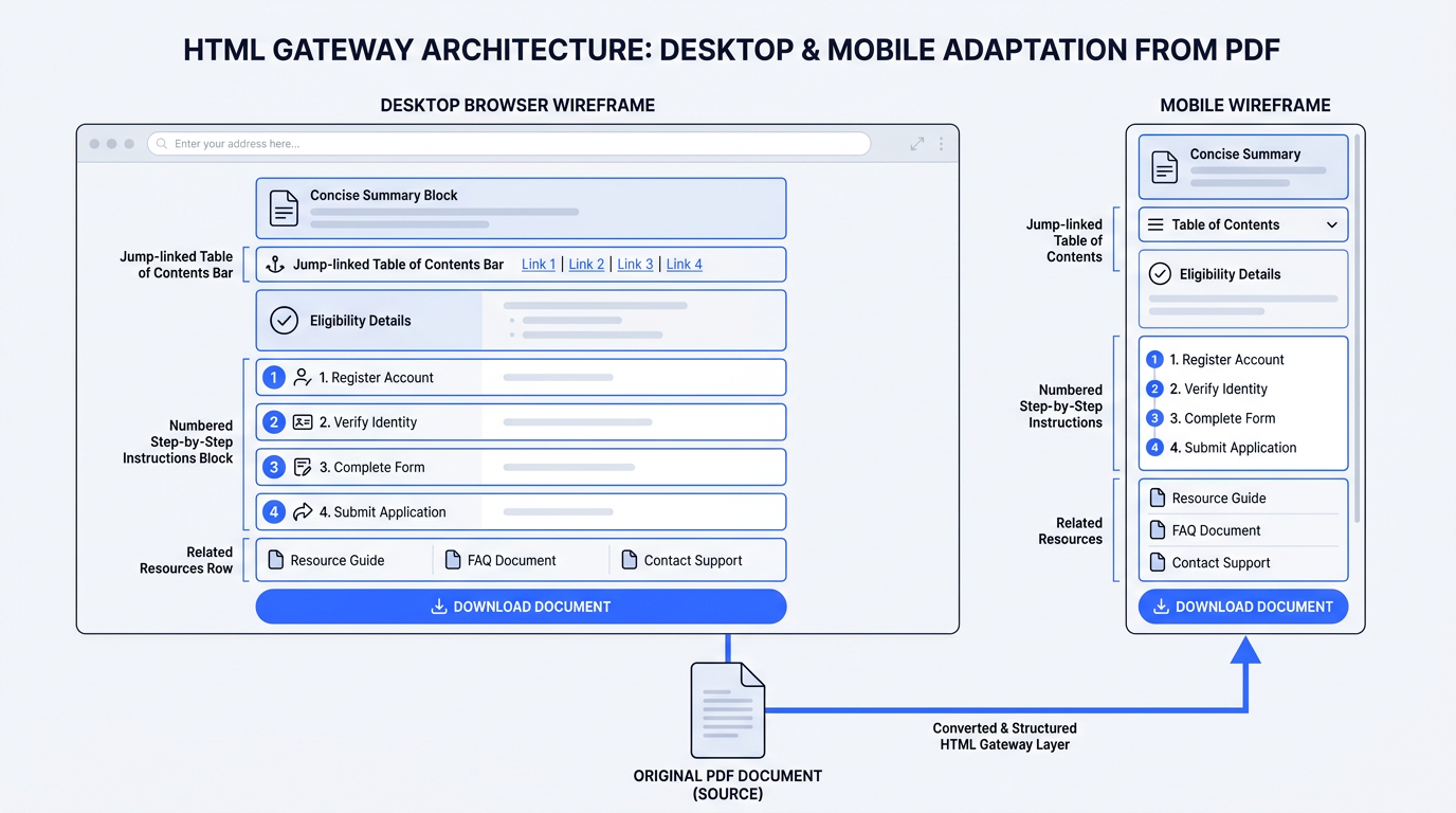 Architecture diagram of HTML gateway page structure for PDFs in search