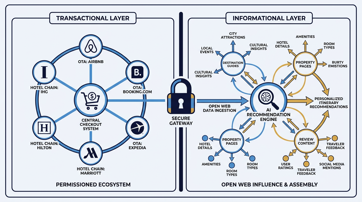 Architecture diagram of AI Mode travel search transactional and informational layers