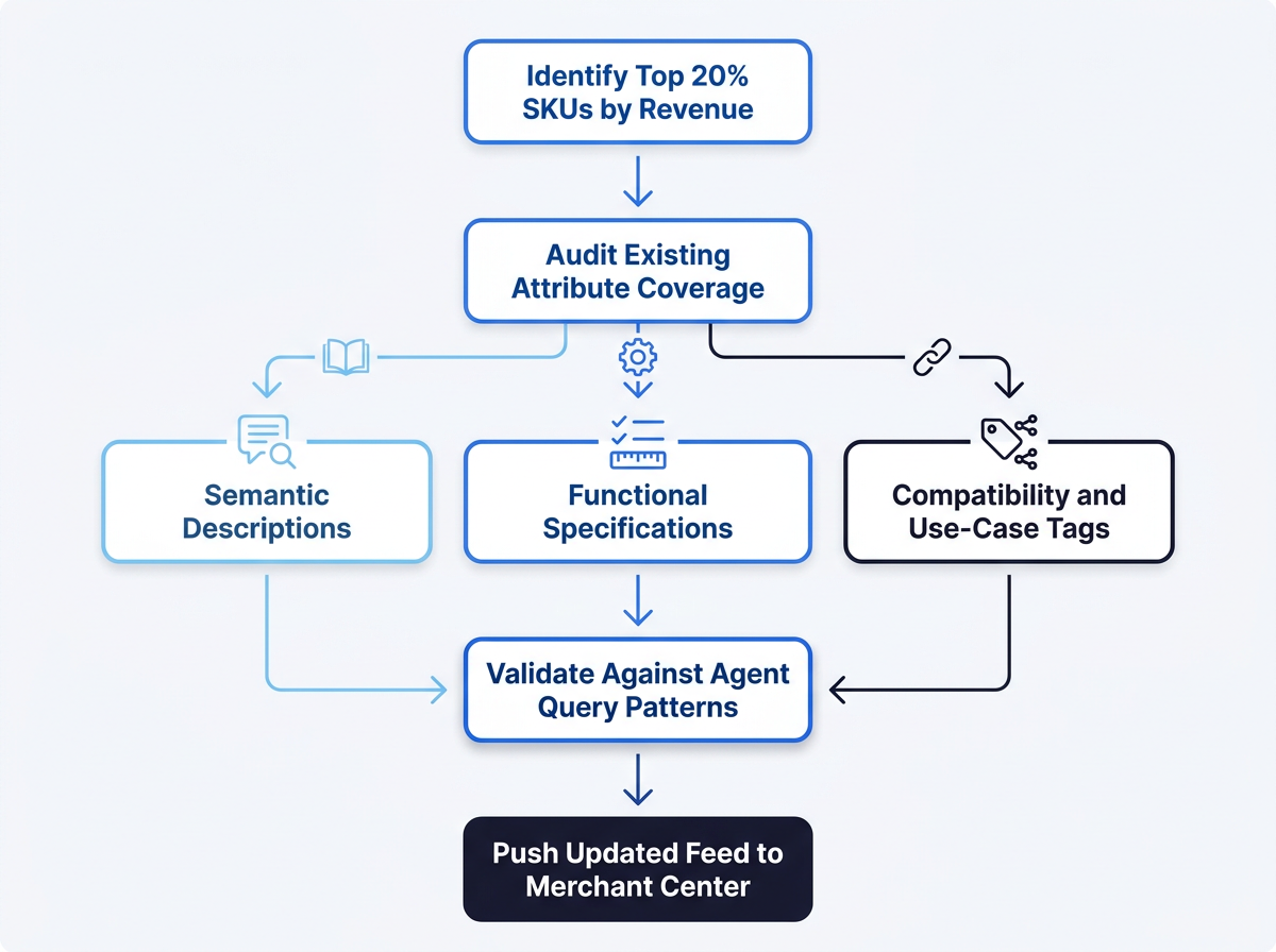 Flowchart showing product feed enrichment workflow for Microsoft agentic commerce