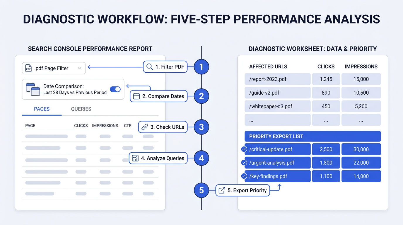 Five-step PDF traffic loss diagnosis workflow in Google Search Console