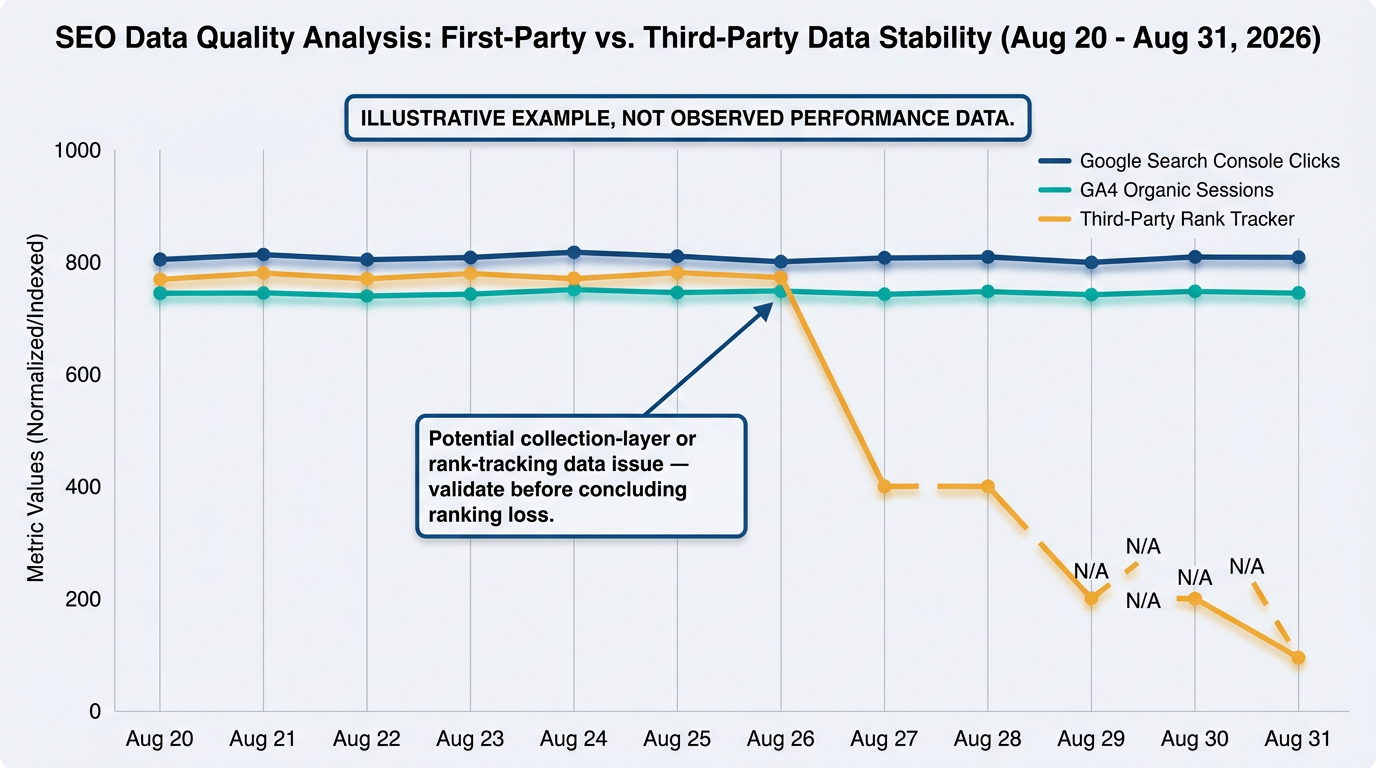 Illustrative chart showing stable GSC and GA4 data while rank tracker gaps appear after August 26 2026