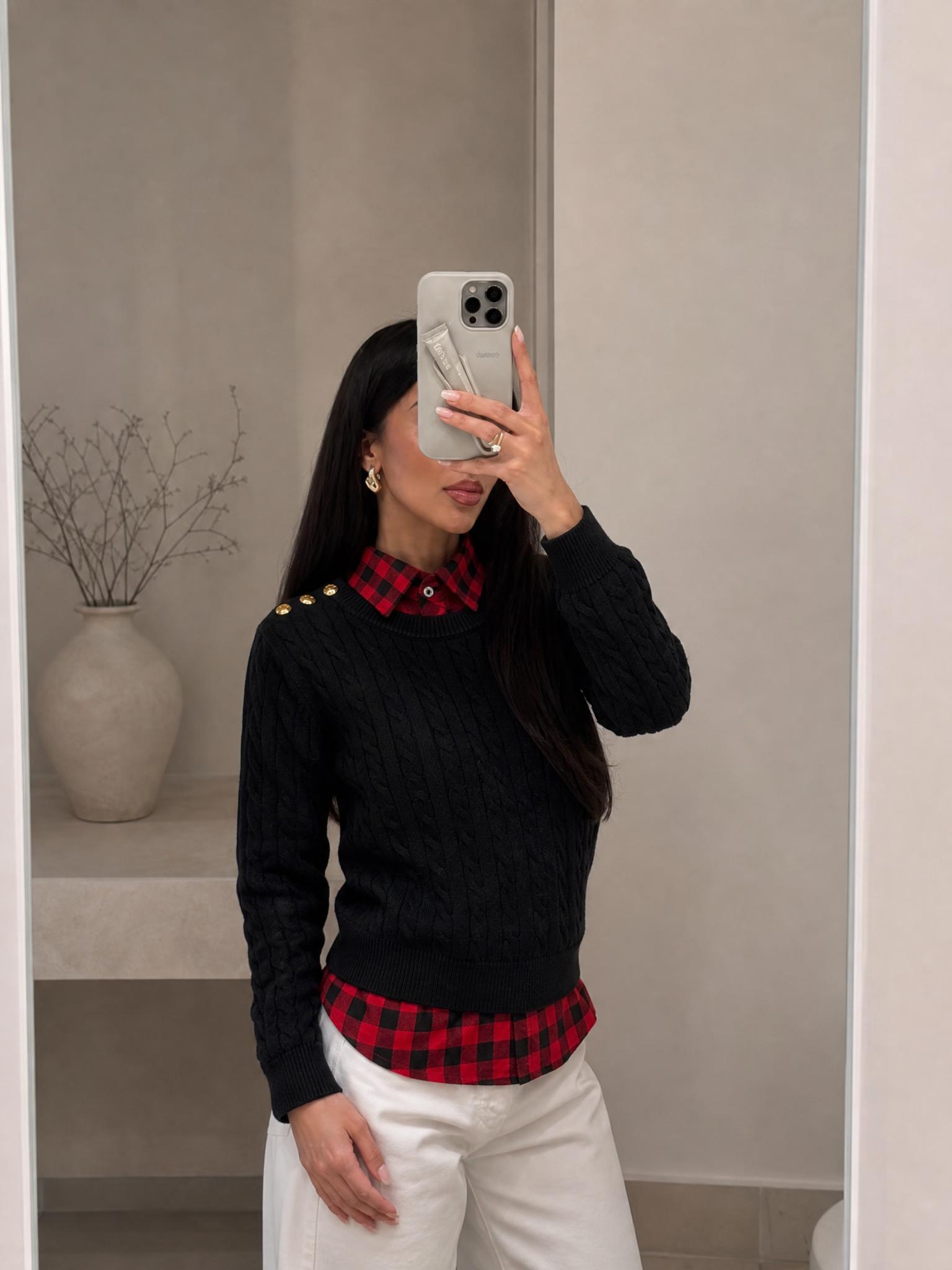 Black Cable Knit Jumper with Red Check Layered Shirt Detail