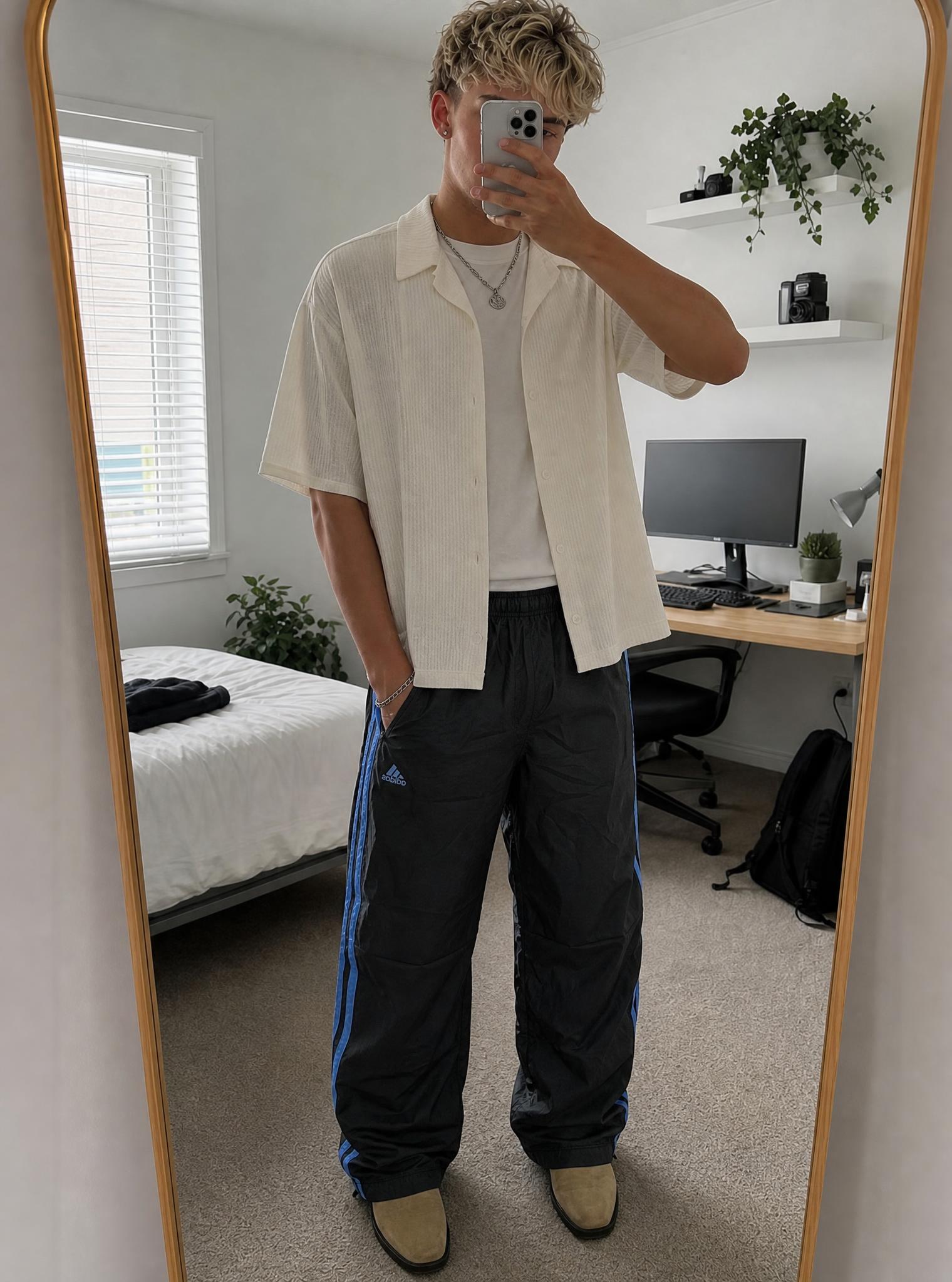 adidas Black Track Pants with Blue Stripes – Very Good
