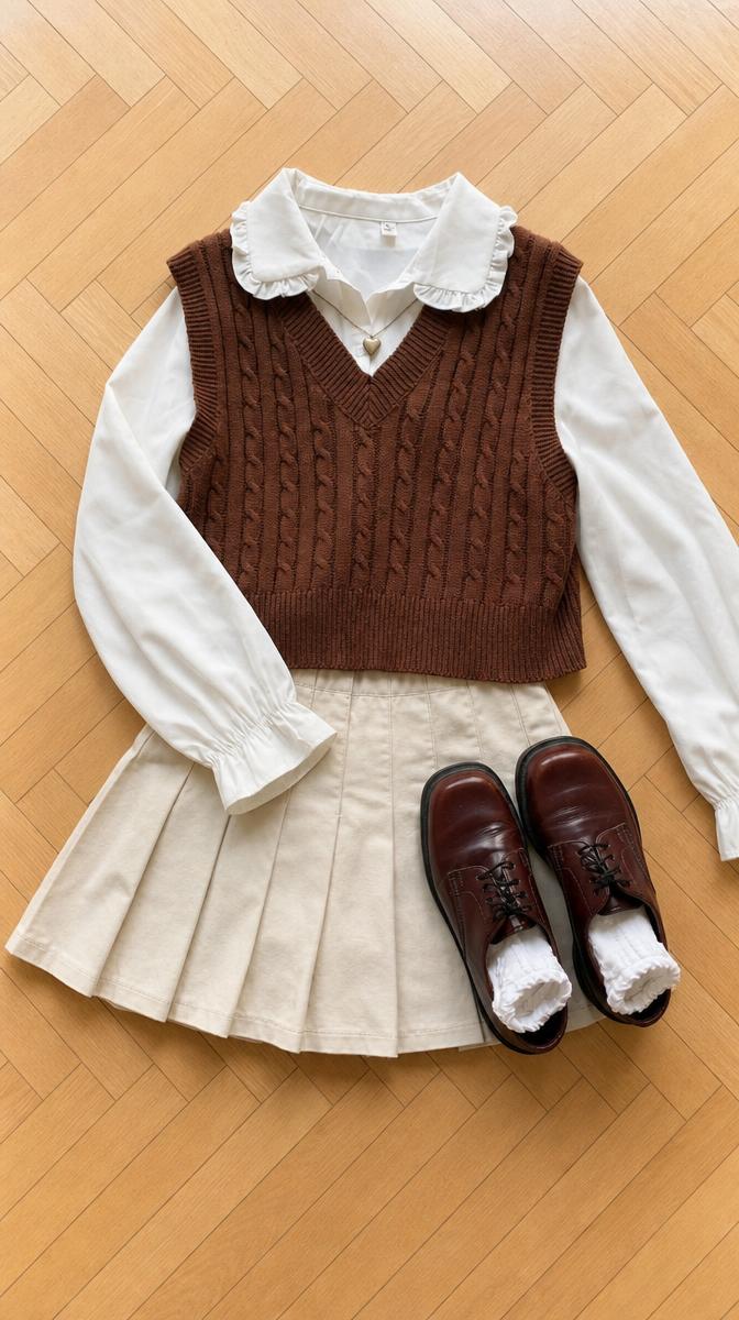 Brown cable-knit sweater vest – cropped preppy style