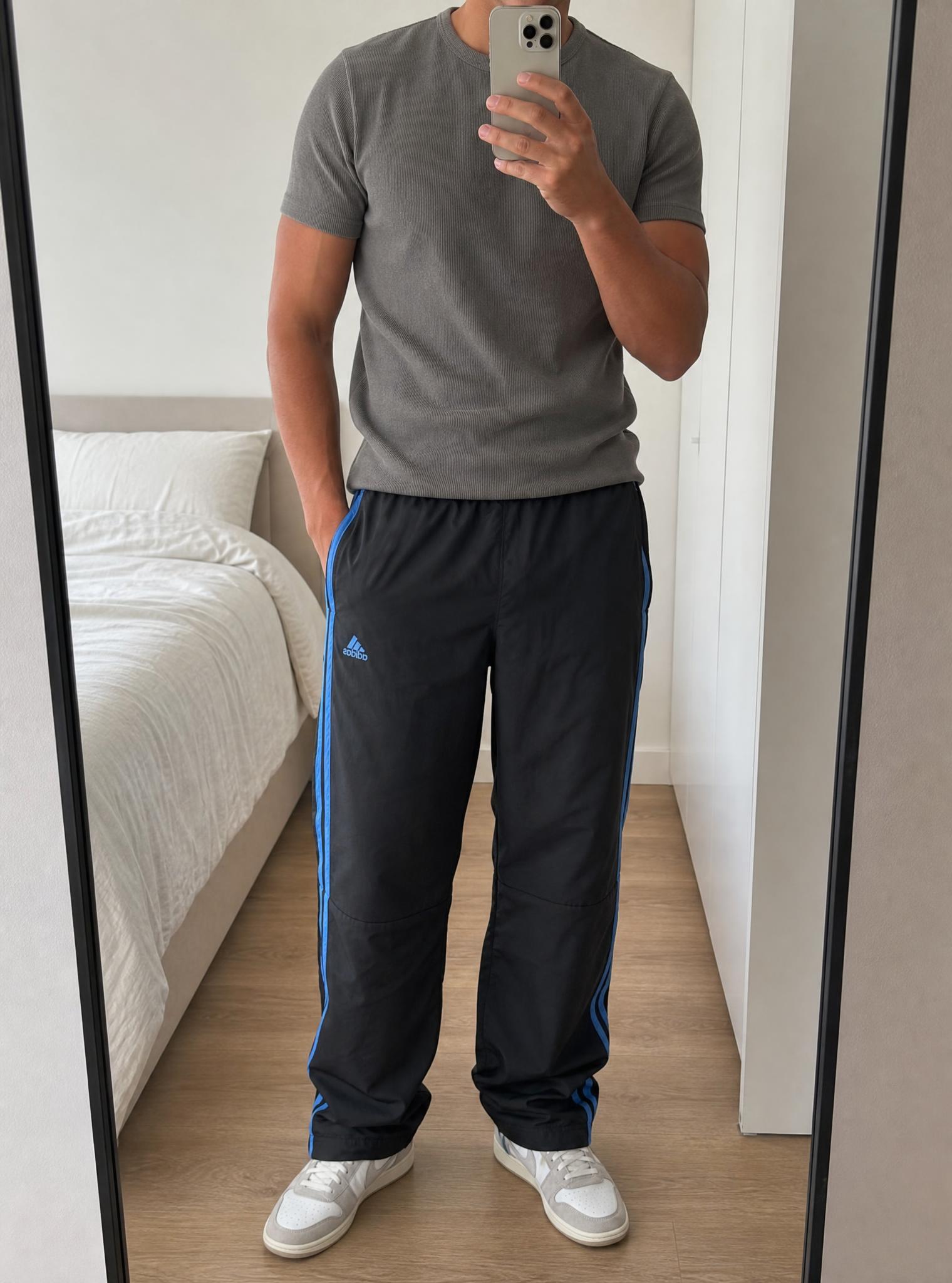 adidas Black Track Pants with Blue Stripes – Very Good