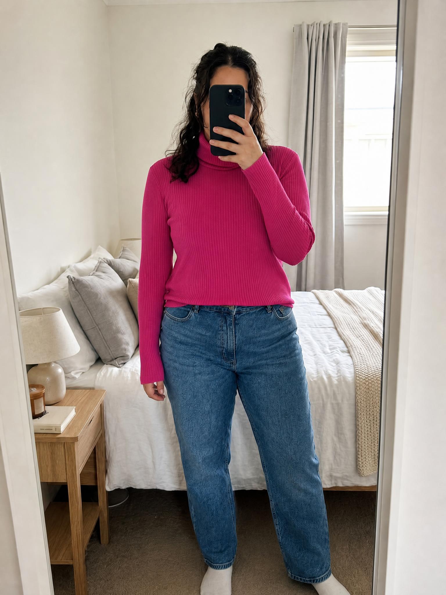 Pink Ribbed Roll-Neck Top – Fitted Long Sleeve