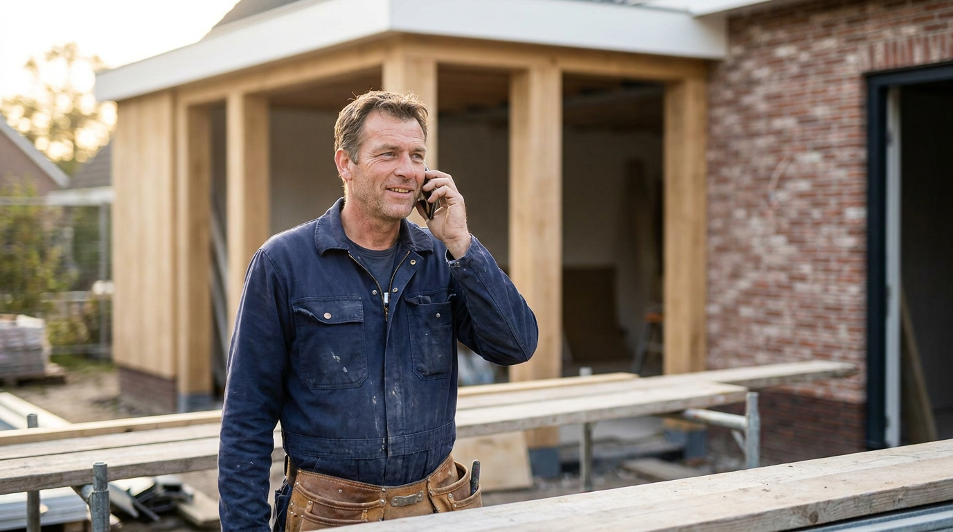 Aannemer op een bouwplaats neemt zijn telefoon op tijdens het werk