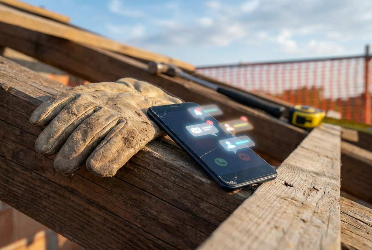Telefoon met gemiste oproepen ligt op een balk terwijl een aannemer op het dak werkt