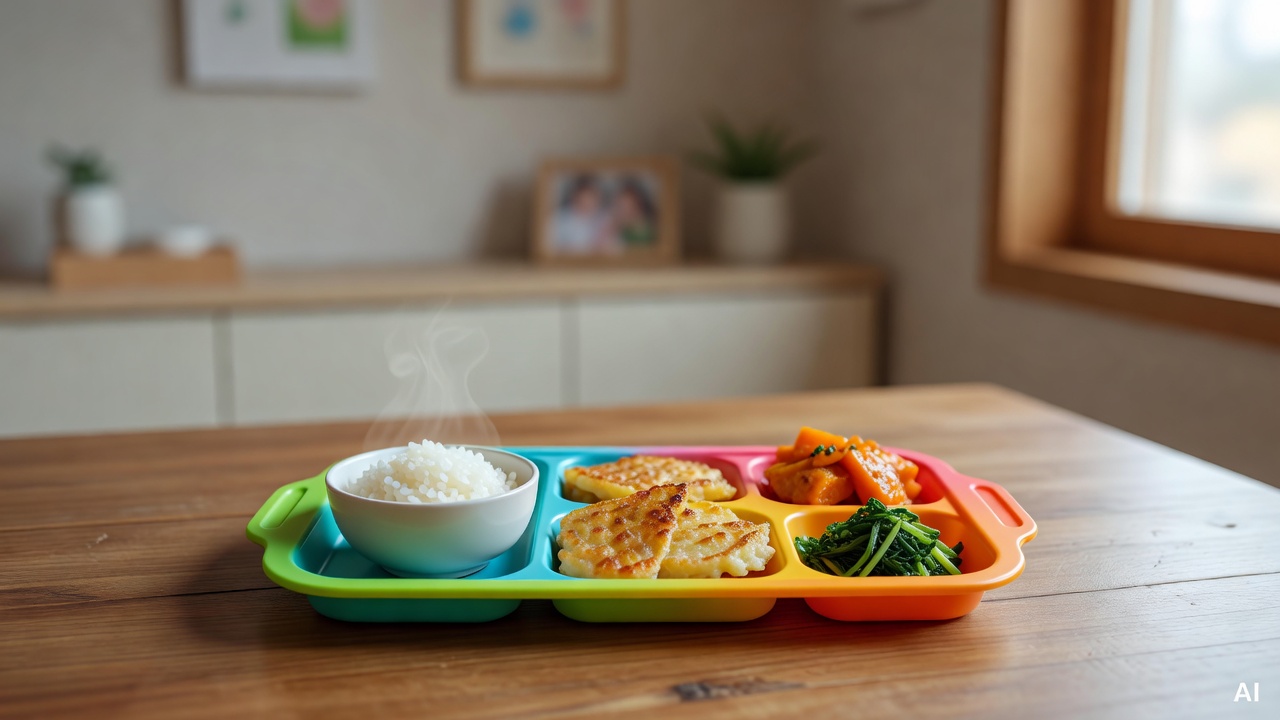 colorful children's meal set with small portions on a wooden dining table