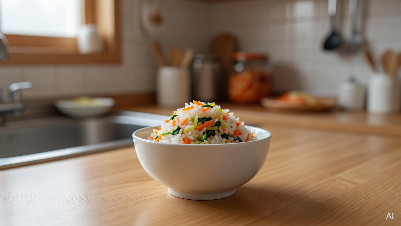 small bowl of finely minced vegetables mixed into rice on a kitchen counter