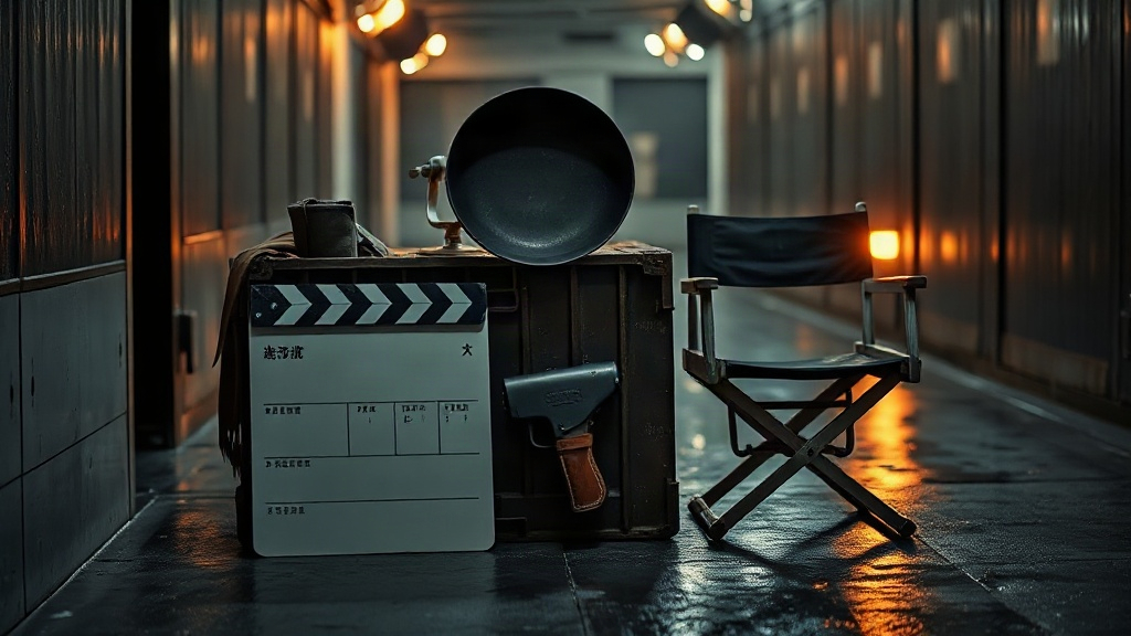 Editorial scene suggesting a tense noir-action mood centered on two actors