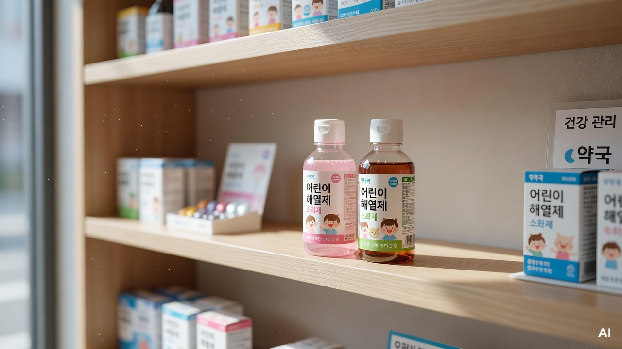 two children's medicine bottles side by side on a pharmacy shelf
