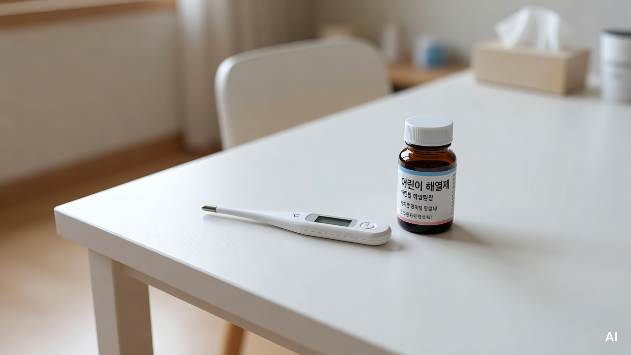 baby thermometer placed next to a small medicine bottle on a white table