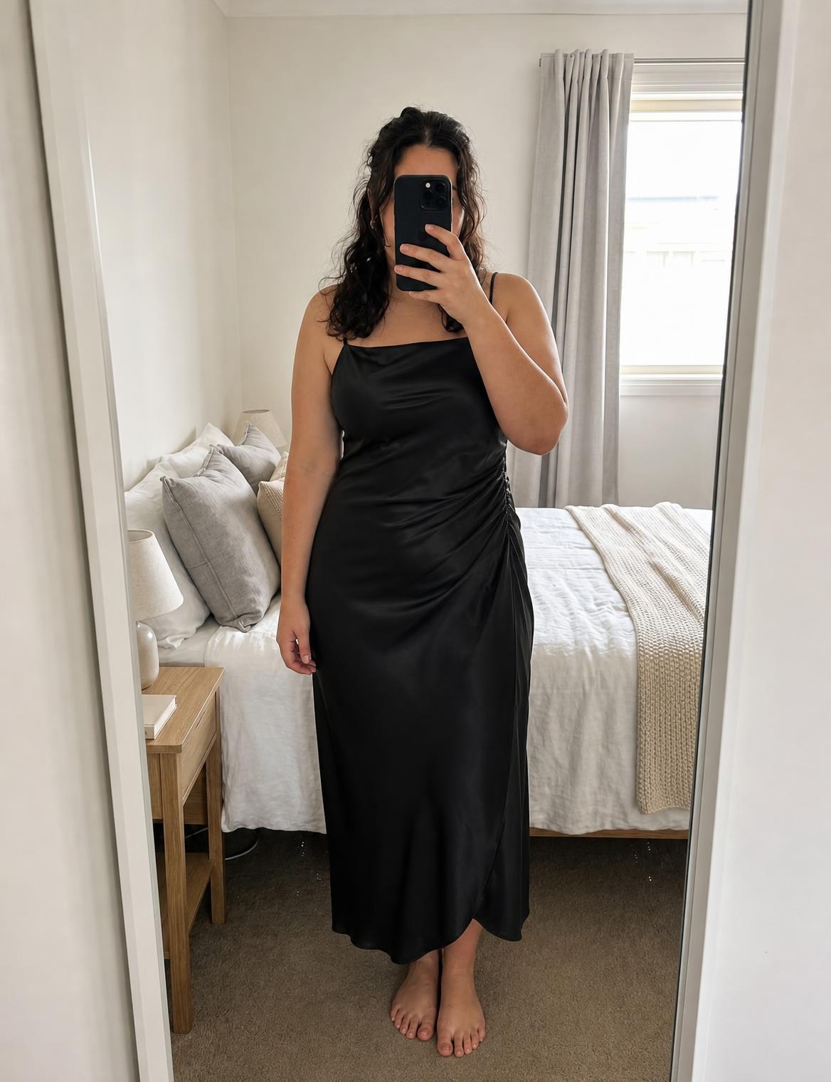 Black Satin Slip Maxi Dress with Ruched Side Detail