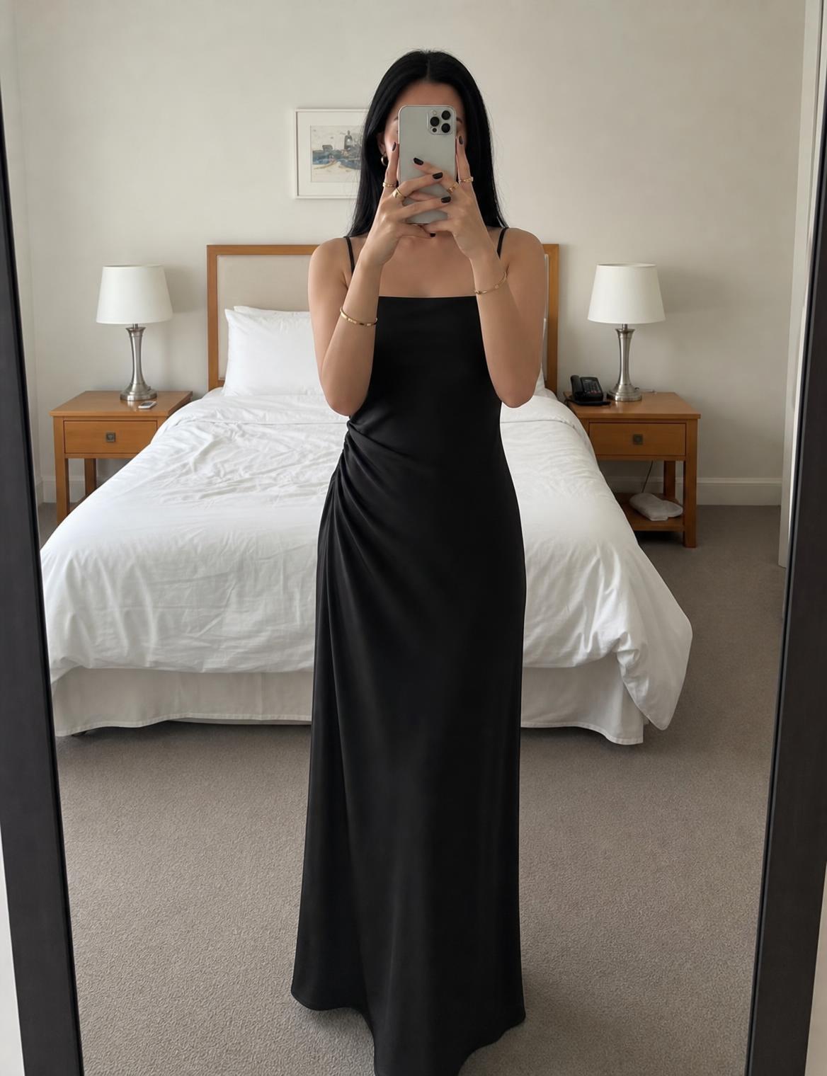 Black Satin Ruched Maxi Slip Dress