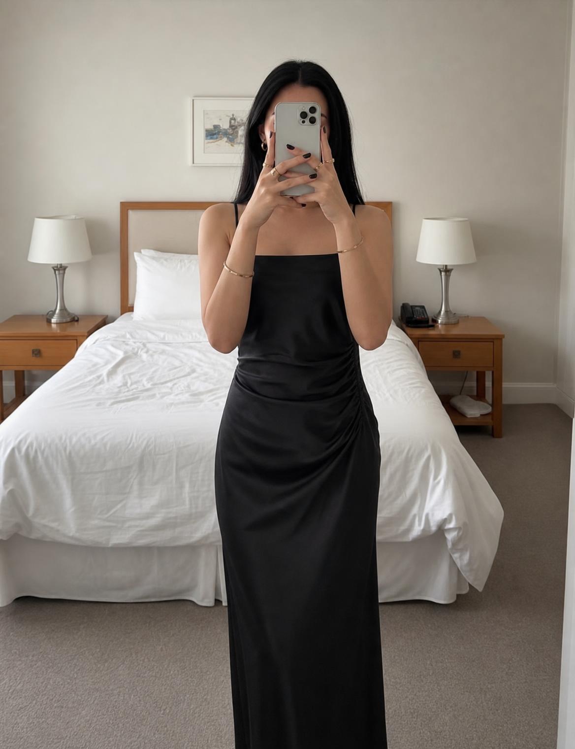 Black Satin-Look Ruched Maxi Slip Dress – Very Good