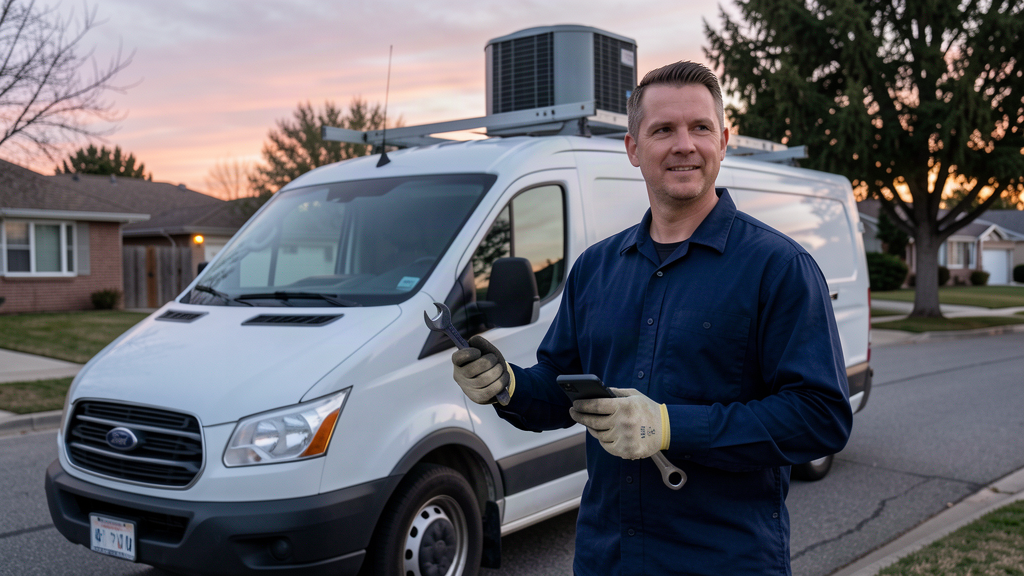 A professional HVAC service technician in a navy work uniform holding a wrench and a ringing phone, standing beside a white service van on a residential street, conveying a business that answers every emergency call day or night, no text