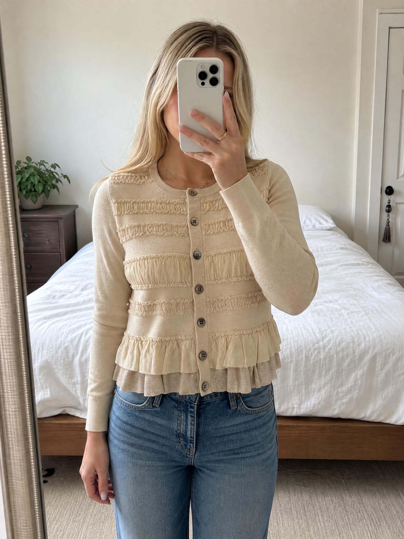 Karen Millen Cream Ruffle Peplum Cardigan, Size 2, Very Good