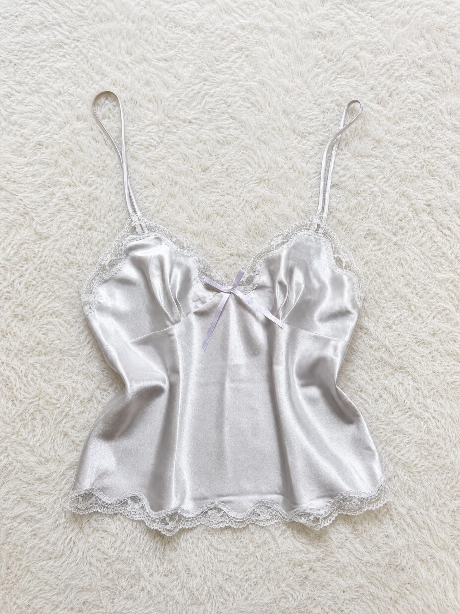 White Satin Lace-Trim Camisole Slip Top with Bow