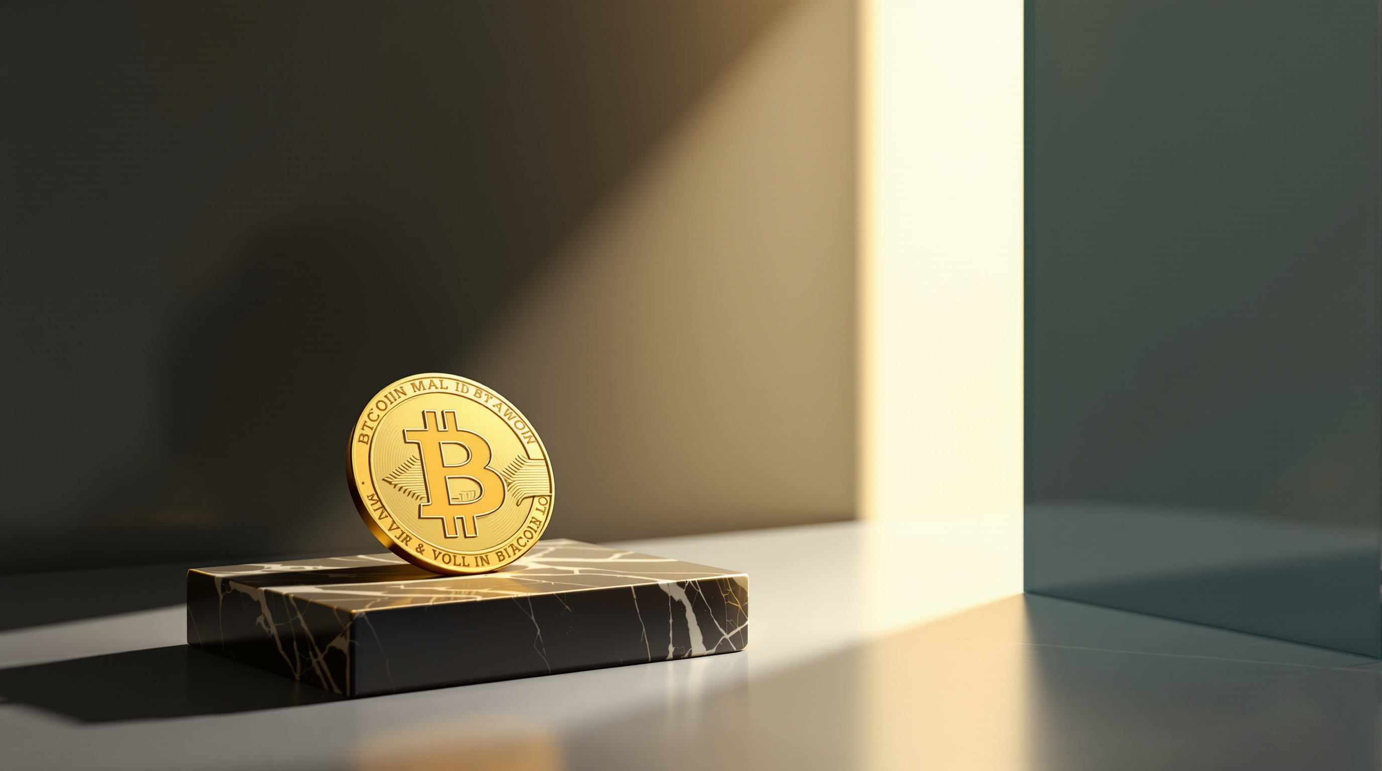 a gold Bitcoin medallion on a tilted onyx plinth, set in a sparse studio scene with a silver hawk sculpture and a shadowed gold bullion slab — editorial cover artwork for the Knightron story on Bitcoin Holds $78K As Fed Hawkishness Weighs On Gold; Equiti