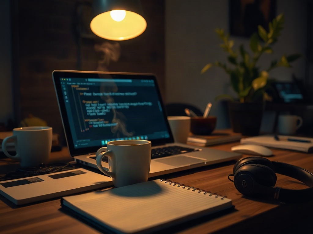 A moody photo of a creator's bedroom at night, a phone glowing on a nightstand beside a notebook and pen under dim warm light