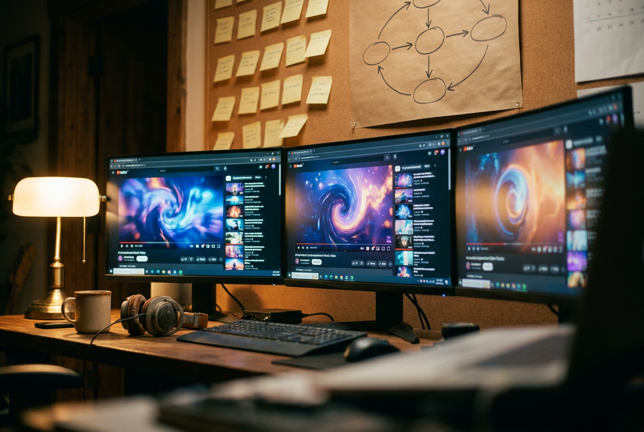 alt text: A musician's workstation showing multiple AI video generation tools on screen with a migration flowchart