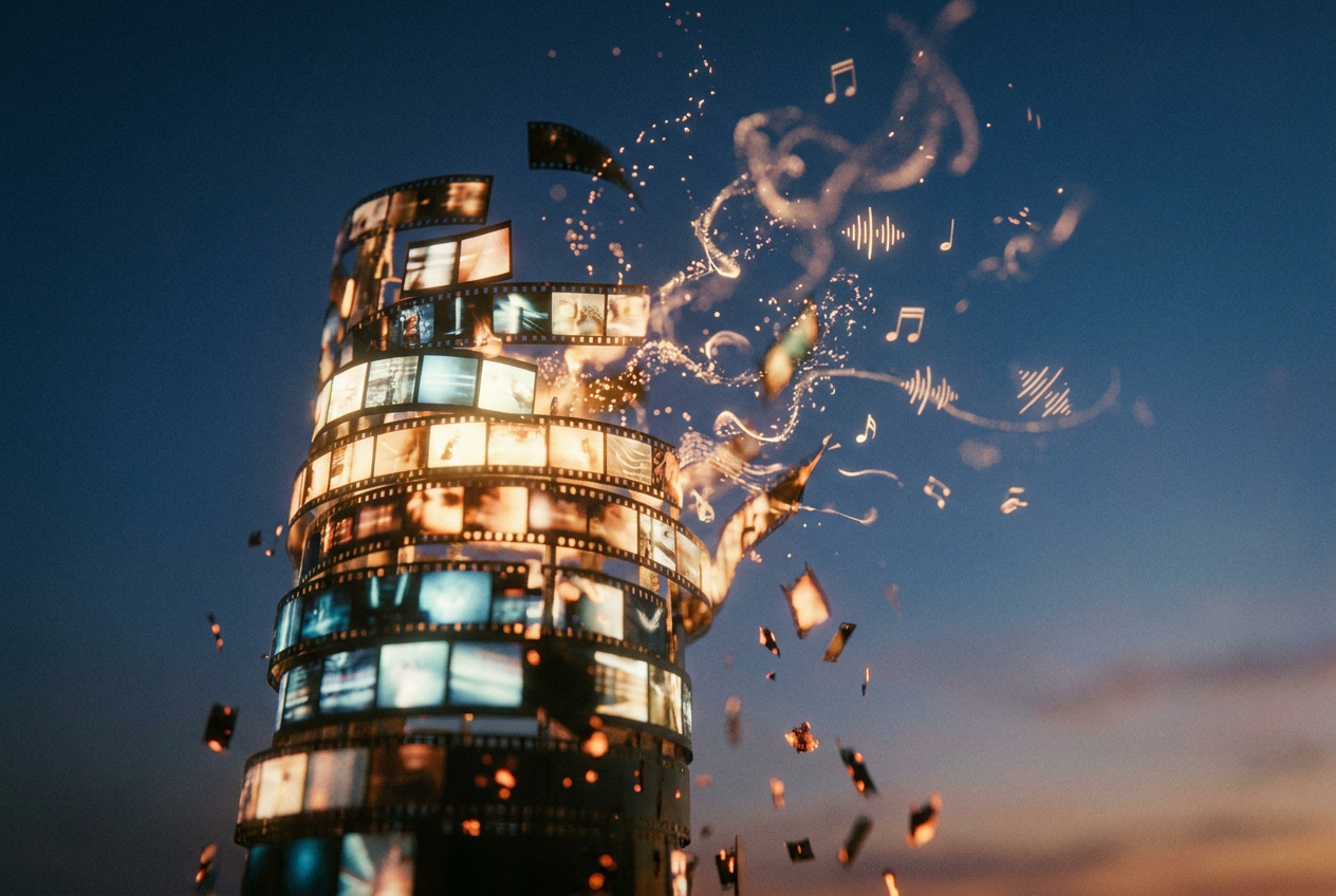 alt text: A crumbling digital tower made of video frames and film strips disintegrating against a dark sky, with musical notes floating away from the debris, symbolizing the collapse of Sora