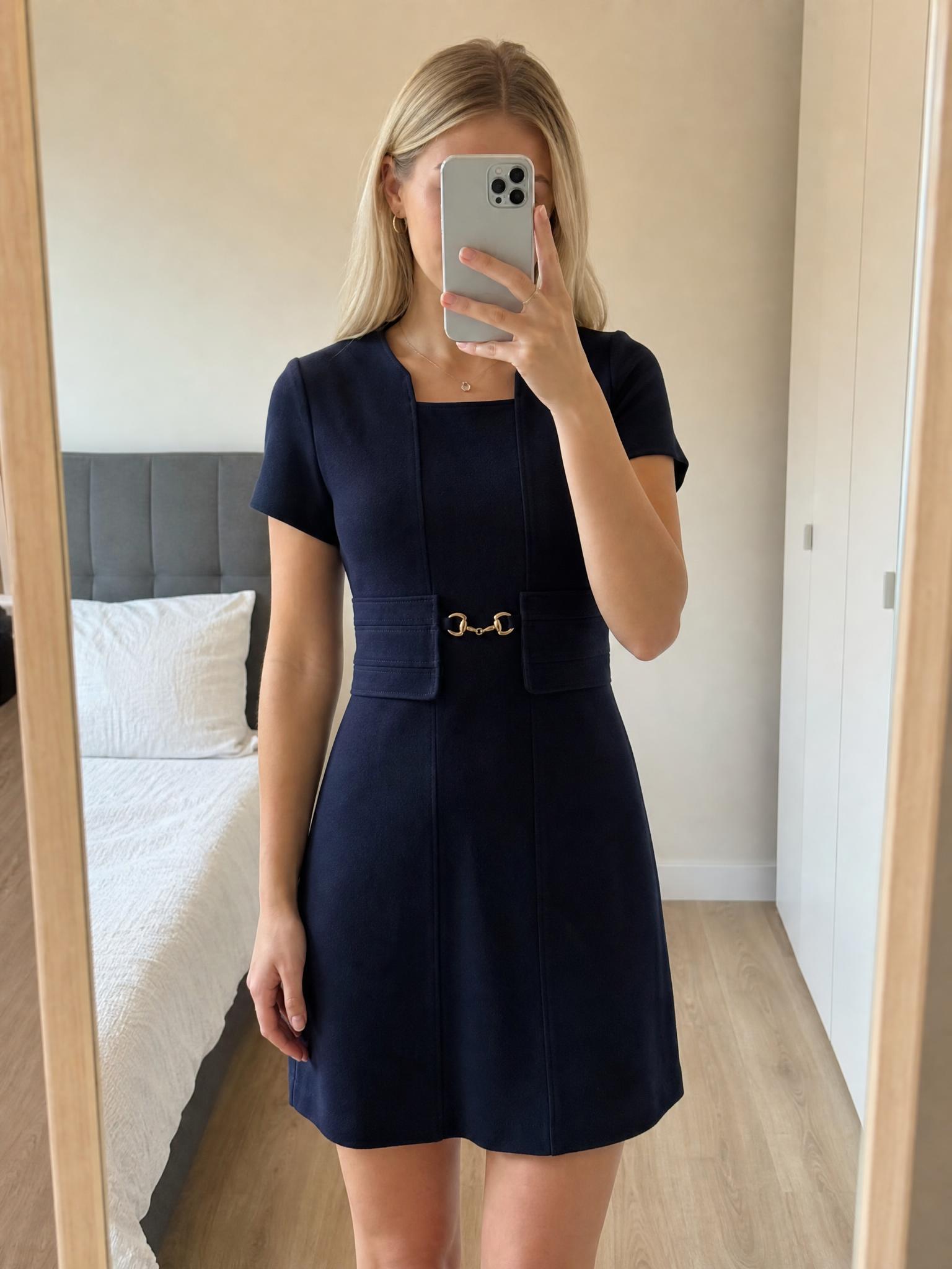 Lanidor Navy Tailored Dress with Gold Clasp – Very Good