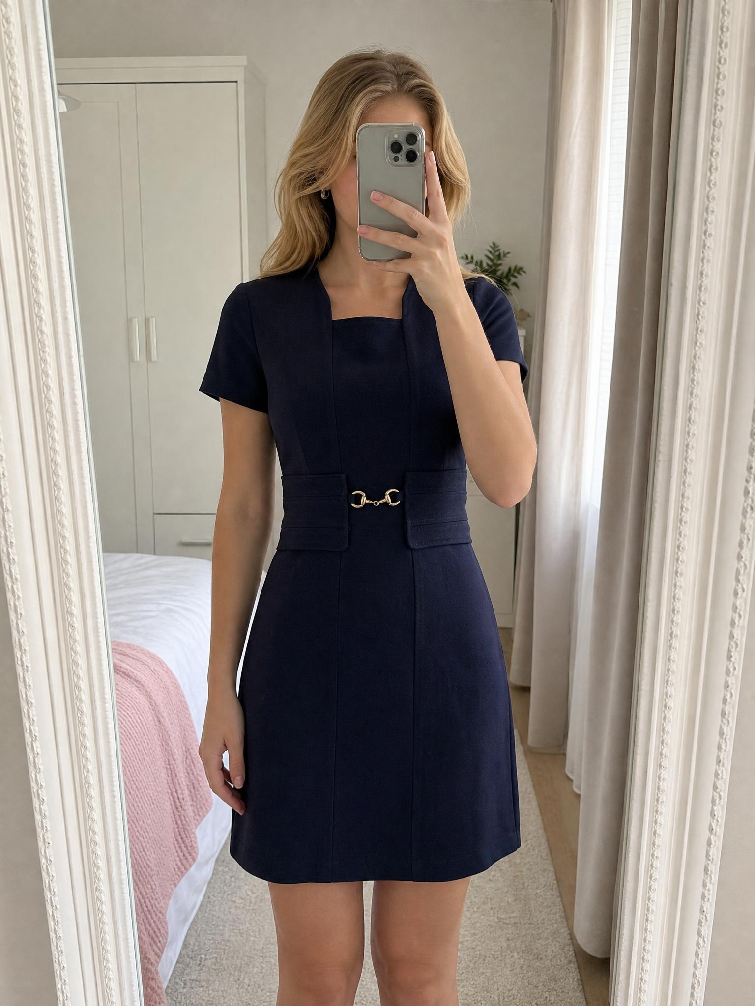 Lanidor navy shift dress with gold horsebit buckle