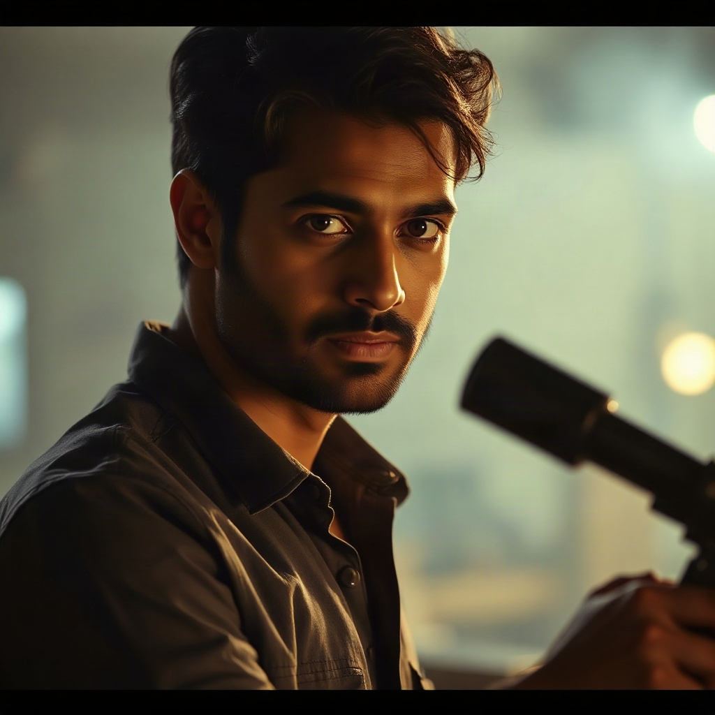 Create a image of 90s indian hero, cinematic lighting, film still, shallow depth of field
