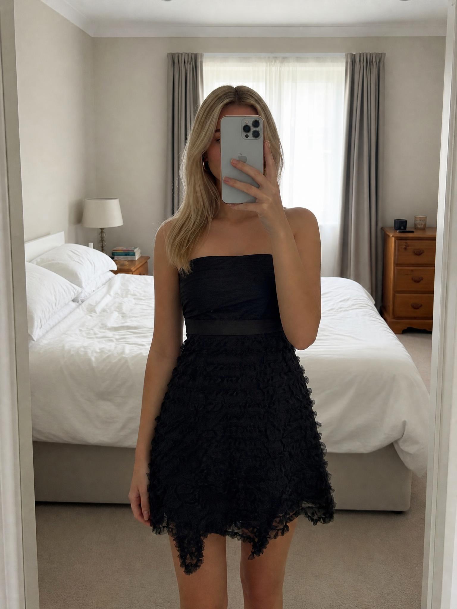 Black Strappy Ruffle Mini Dress with Ruched Bodice