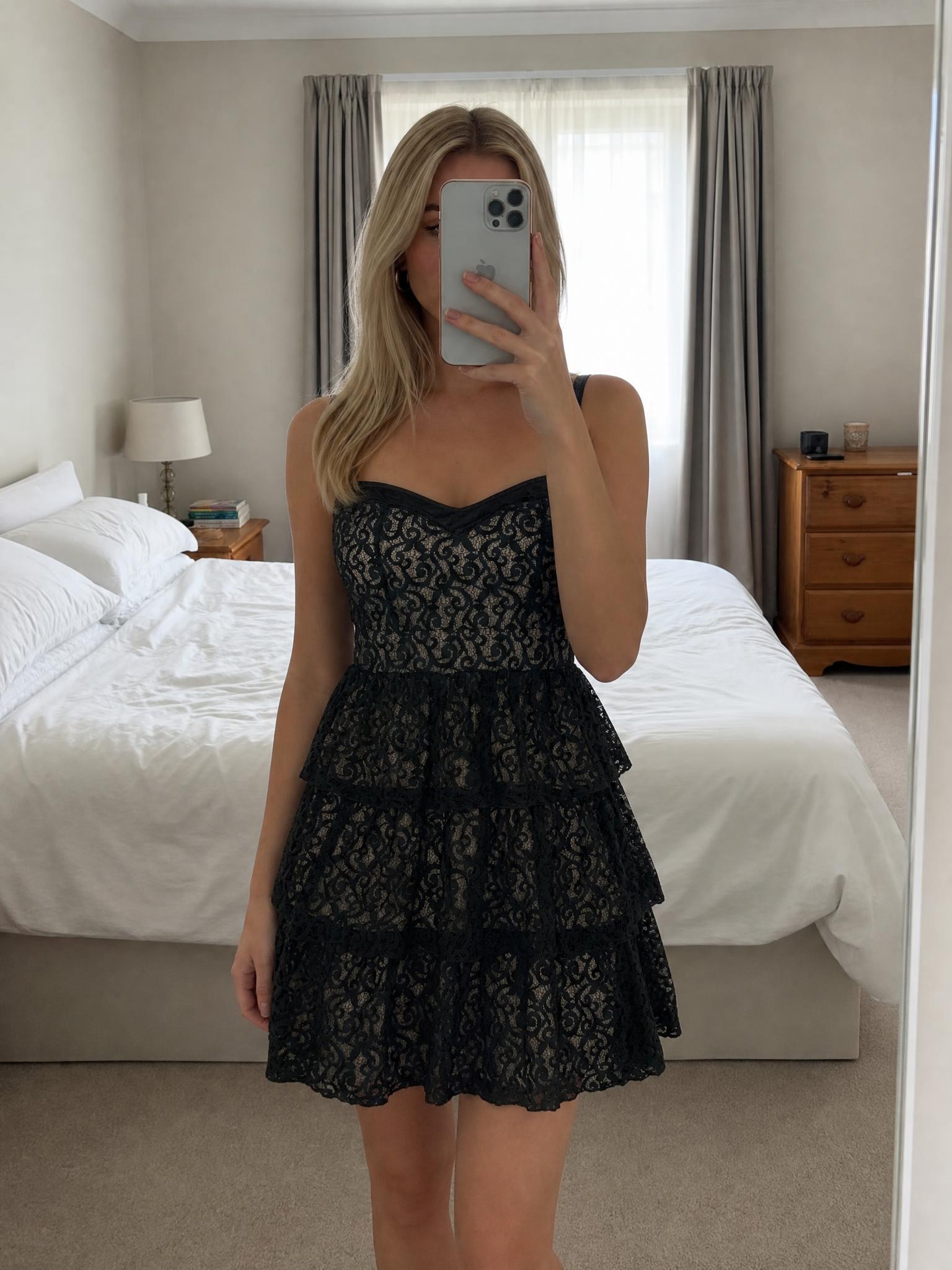 Black Lace Tiered Dress with Spaghetti Straps & Ruffle Skirt