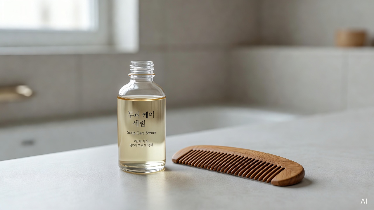 scalp care serum bottle and wooden comb placed on a light gray surface