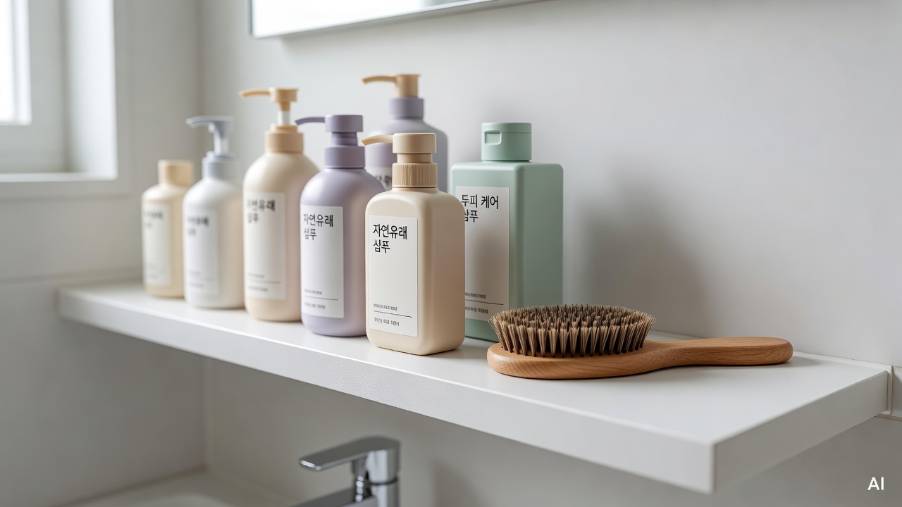 close-up of shampoo bottles and a wooden scalp brush on a white bathroom shelf