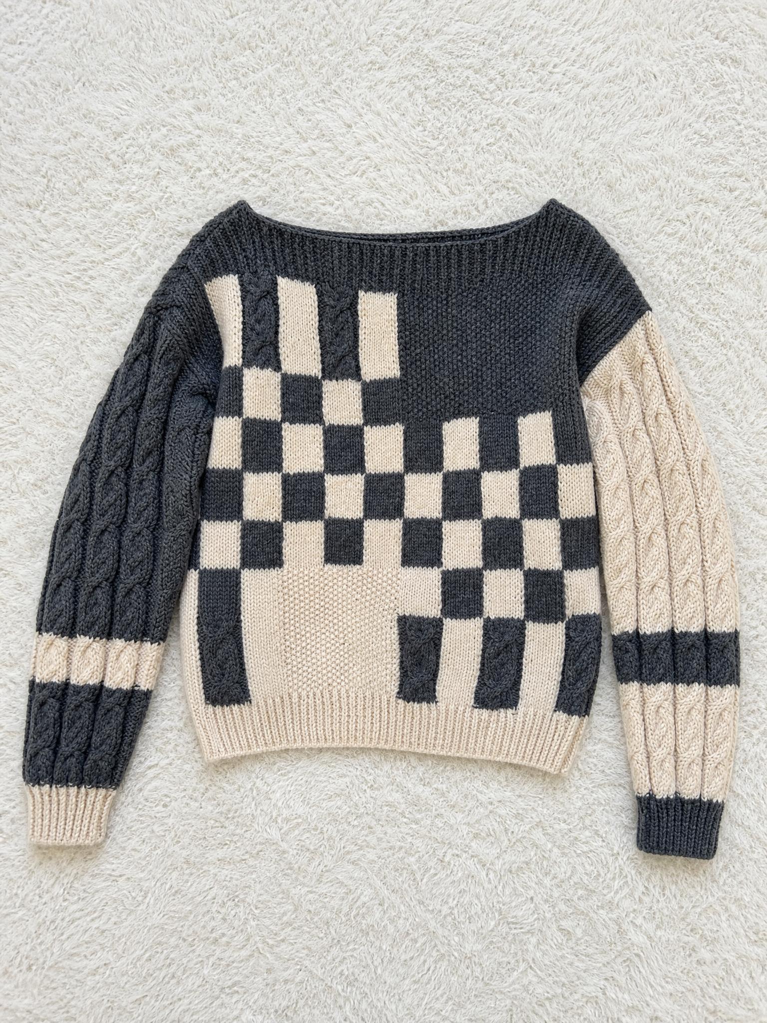 Chunky Checkerboard Knit Jumper Grey Cream Cable Sleeves