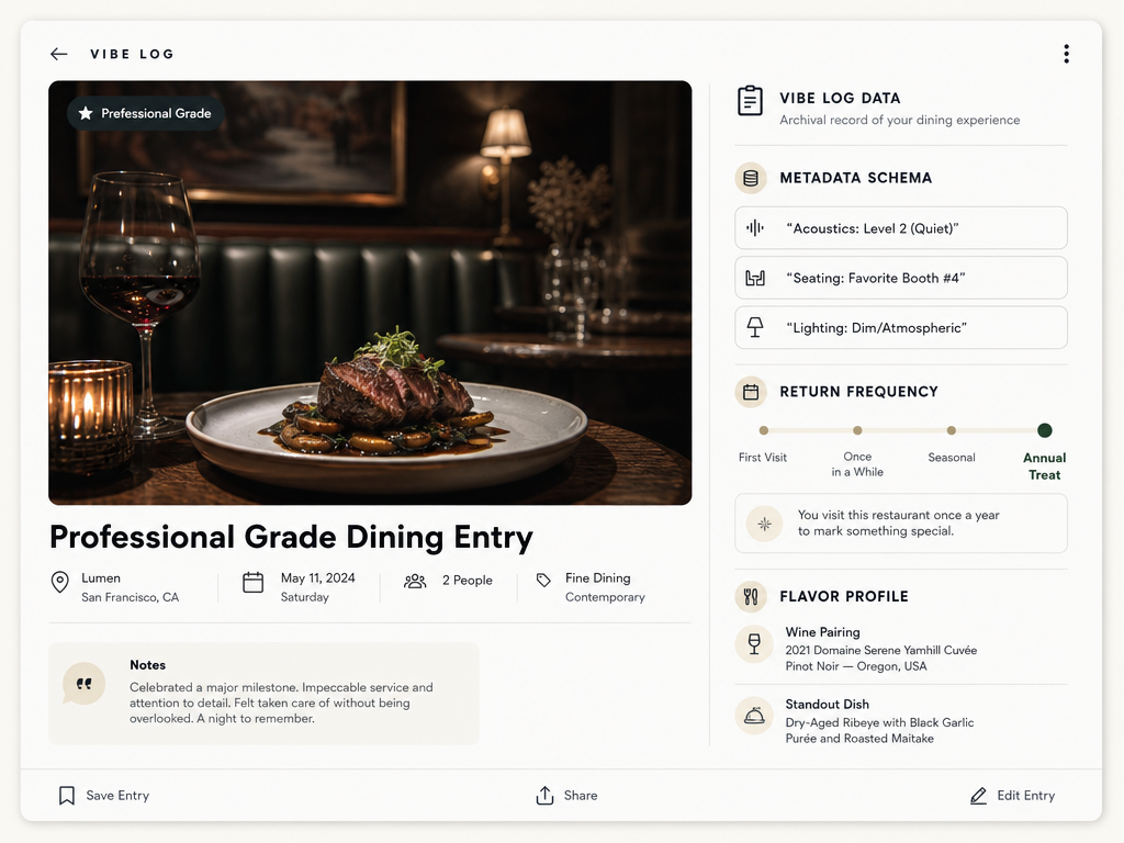 Beyond the plate: A professional-grade archive tracks environmental metadata like acoustics and seating to help you recreate the perfect dining experience.
