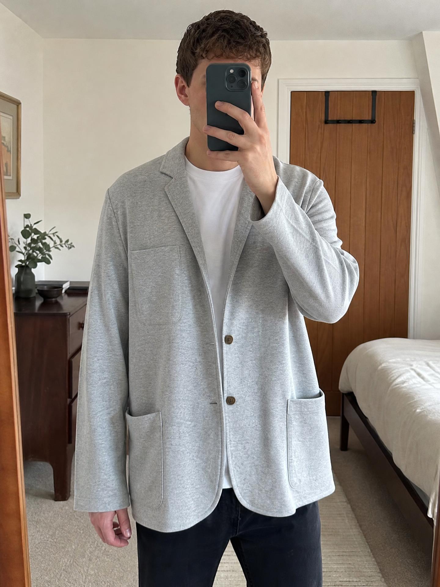 Men's light grey jersey blazer with patch pockets
