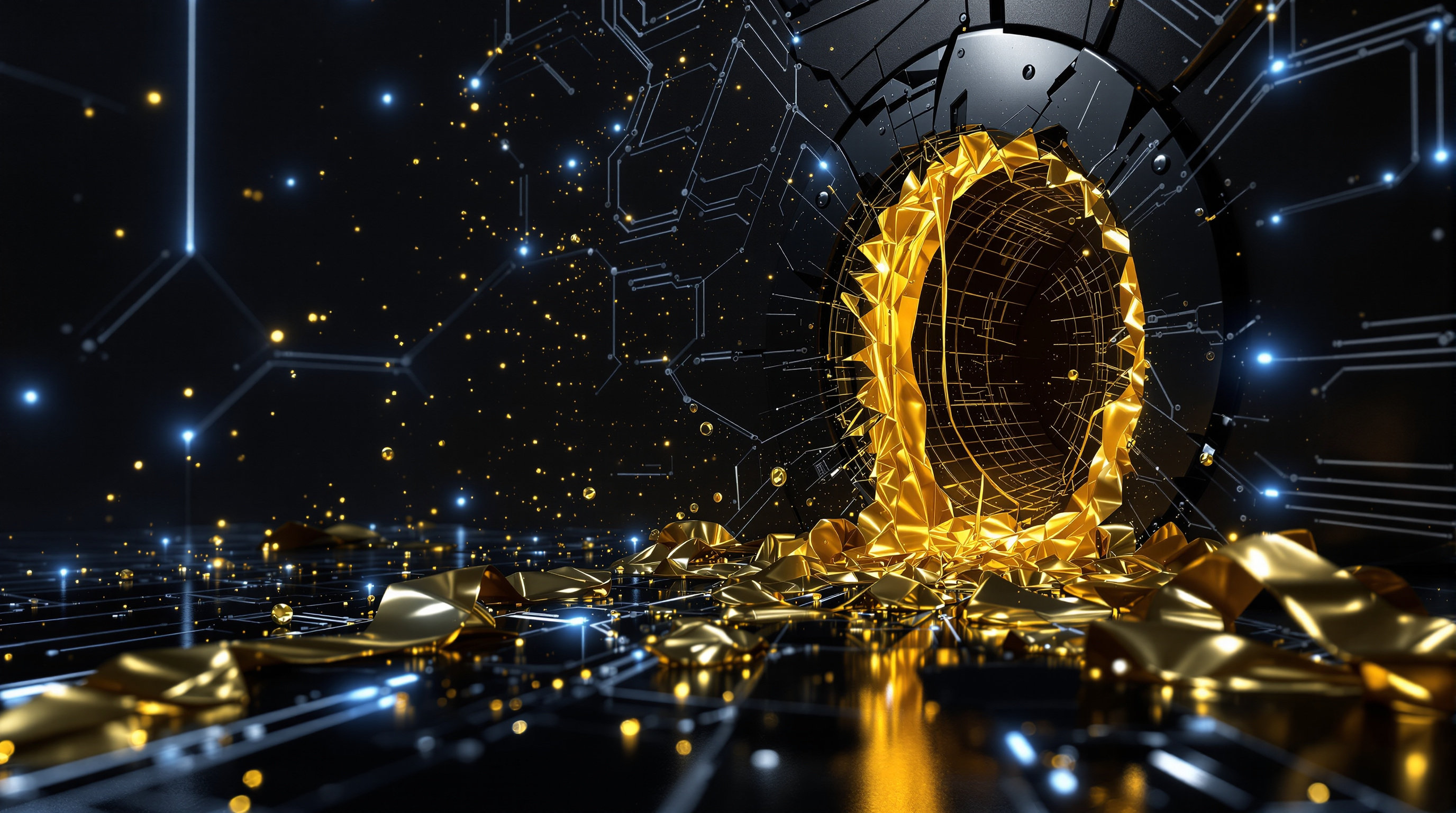 a shattered matte-black bank vault door with flowing gold ribbons entering an abstract, receding digital network of illuminated silver-blue nodes and  — editorial cover artwork for the Knightron story on North Korean Hackers Move $30M+ Through Hyperliquid Amid Tru