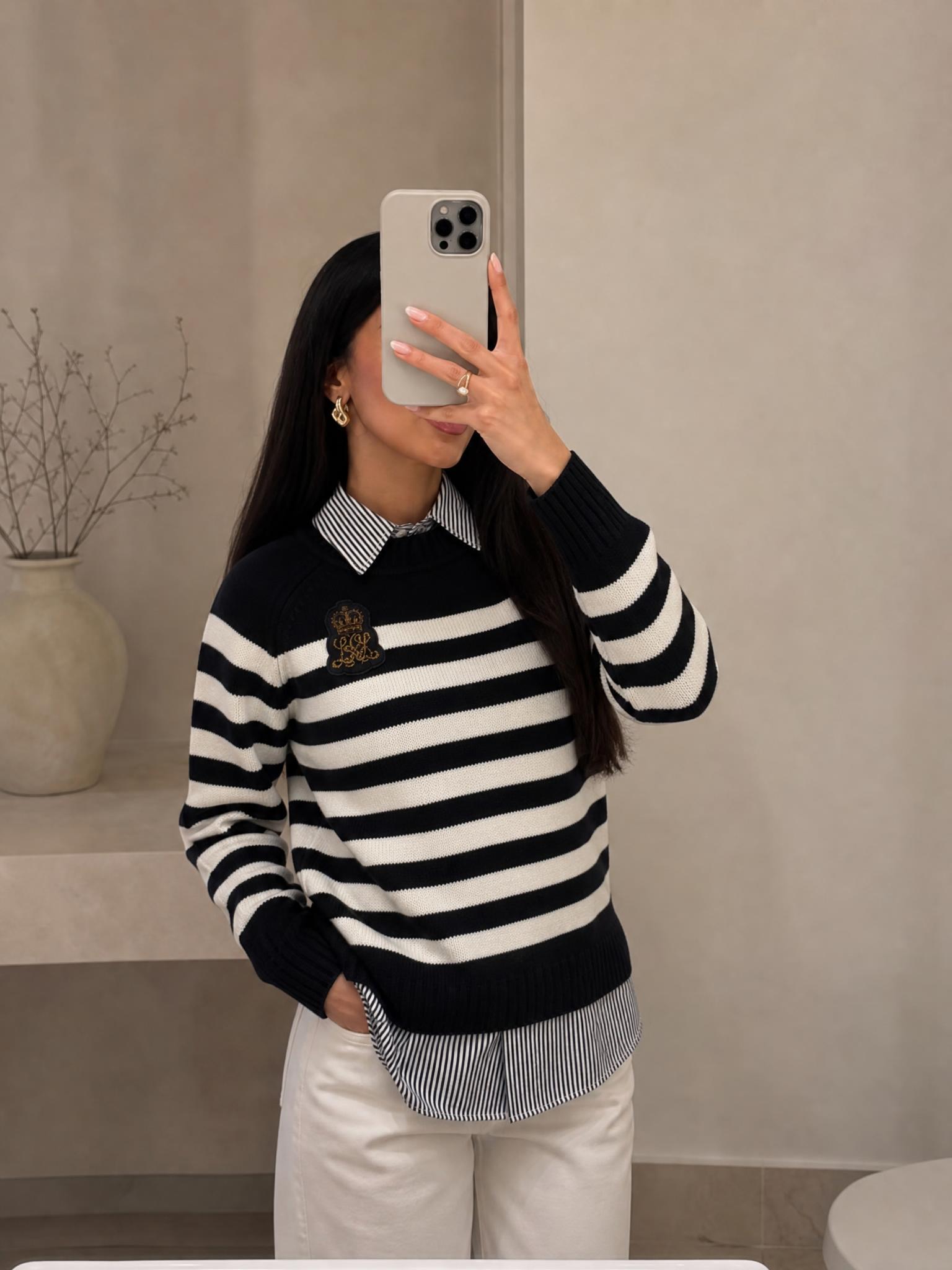 Striped Knit Sweater with Shirt Collar & Layered Hem