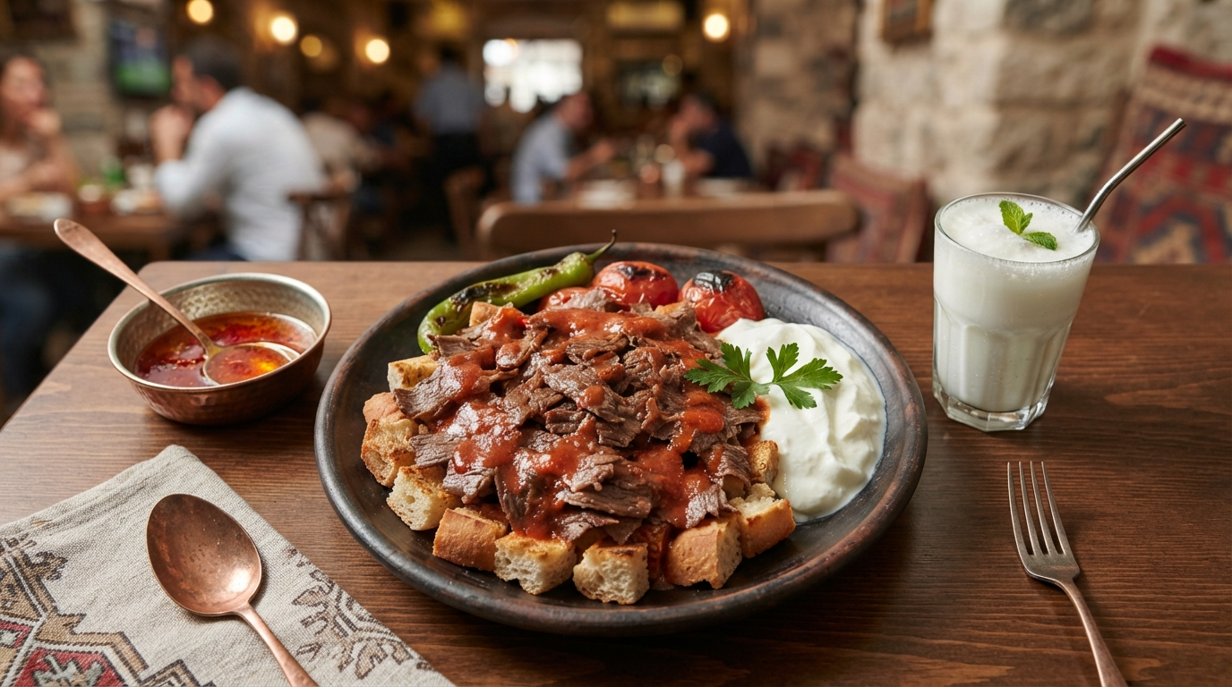 Yoğurt ve tereyağlı sosla servis edilen İskender tabağı